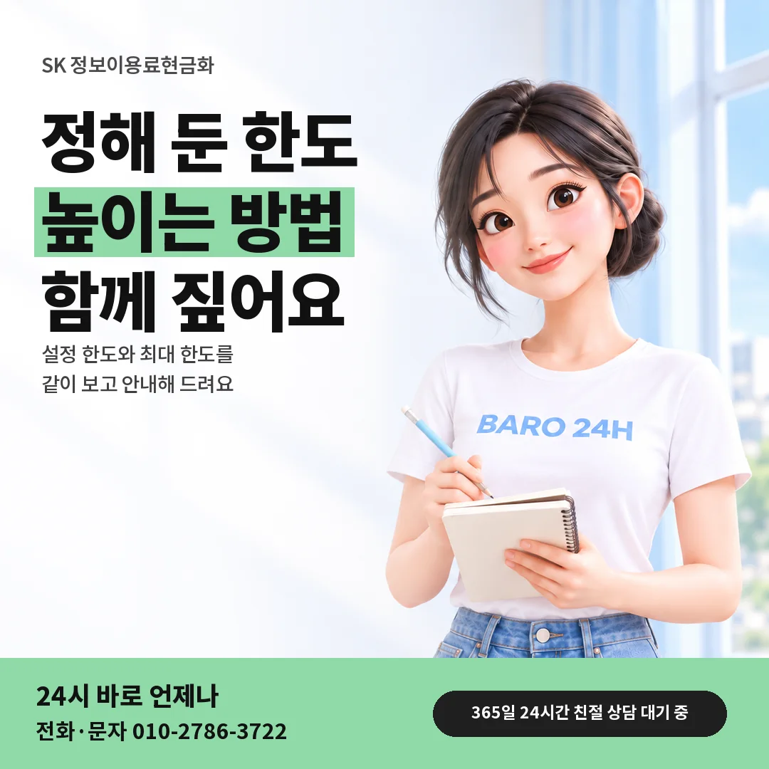BARO 24H 티셔츠를 입은 3D 인물 옆에 「SK 정보이용료현금화 한도 높이기」 제목을 얹은 안내 카드